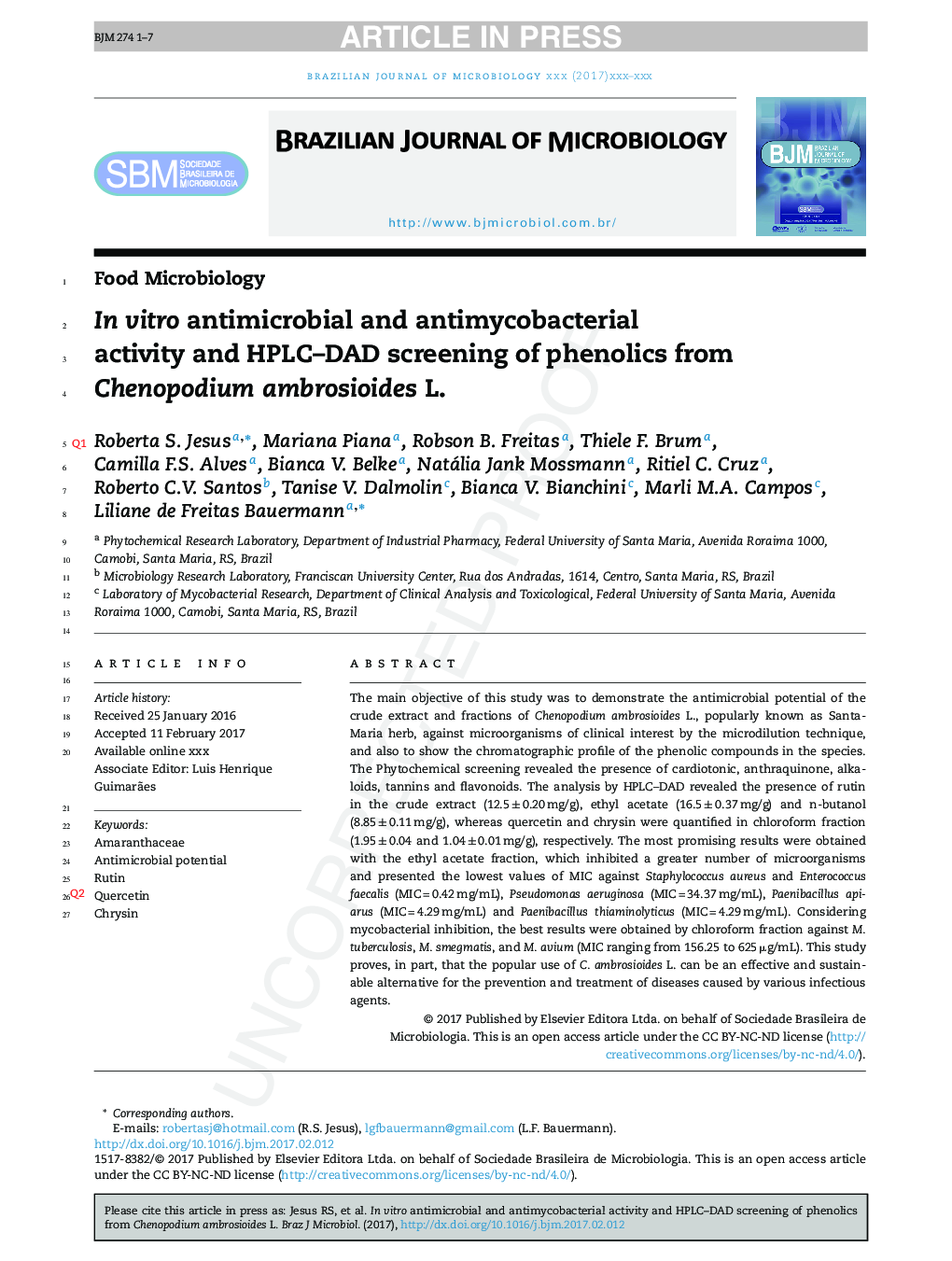 In vitro antimicrobial and antimycobacterial activity and HPLC-DAD screening of phenolics from Chenopodium ambrosioides L.