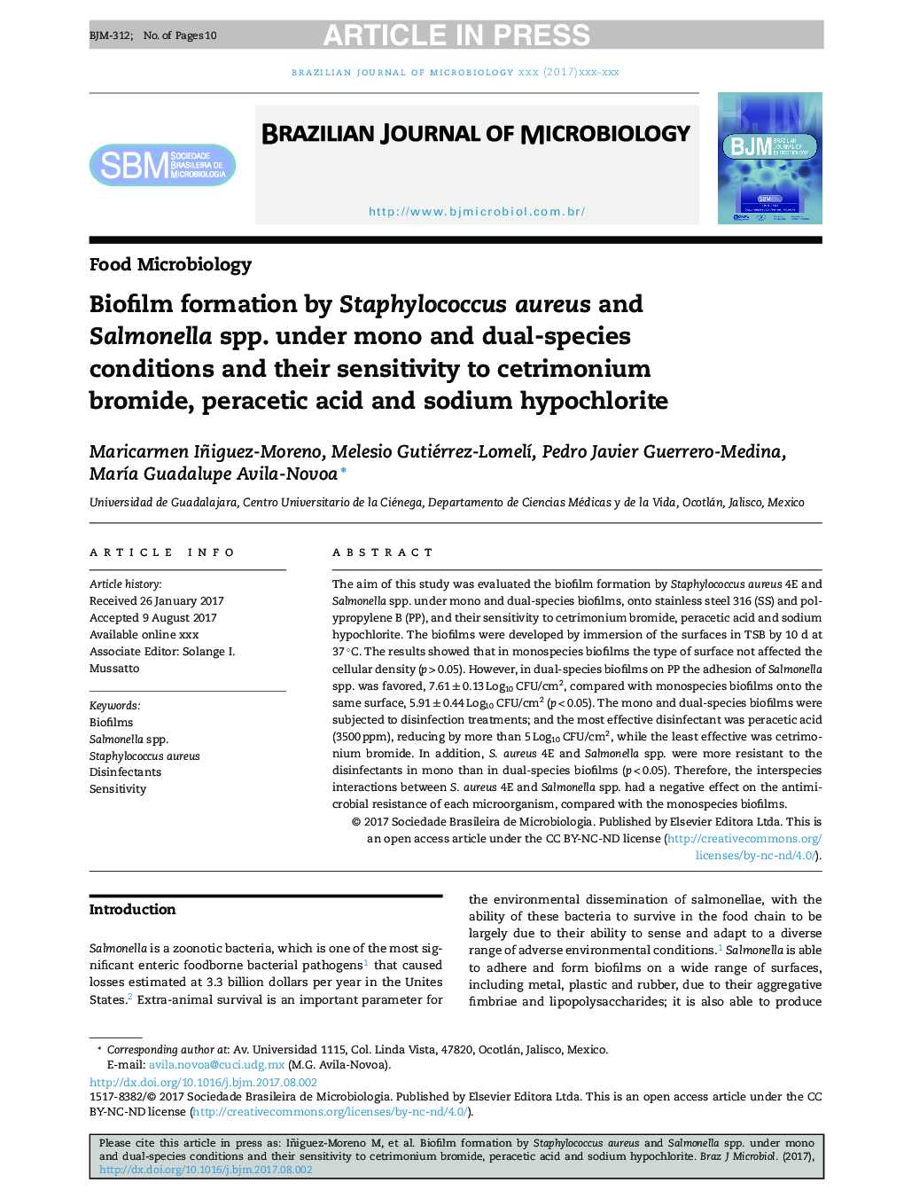 Biofilm formation by Staphylococcus aureus and Salmonella spp. under mono and dual-species conditions and their sensitivity to cetrimonium bromide, peracetic acid and sodium hypochlorite