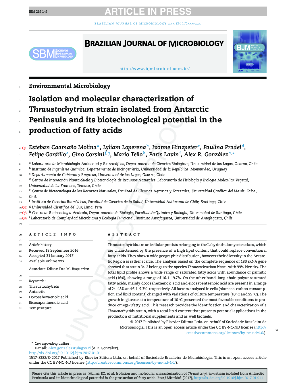 Isolation and molecular characterization of Thraustochytrium strain isolated from Antarctic Peninsula and its biotechnological potential in the production of fatty acids