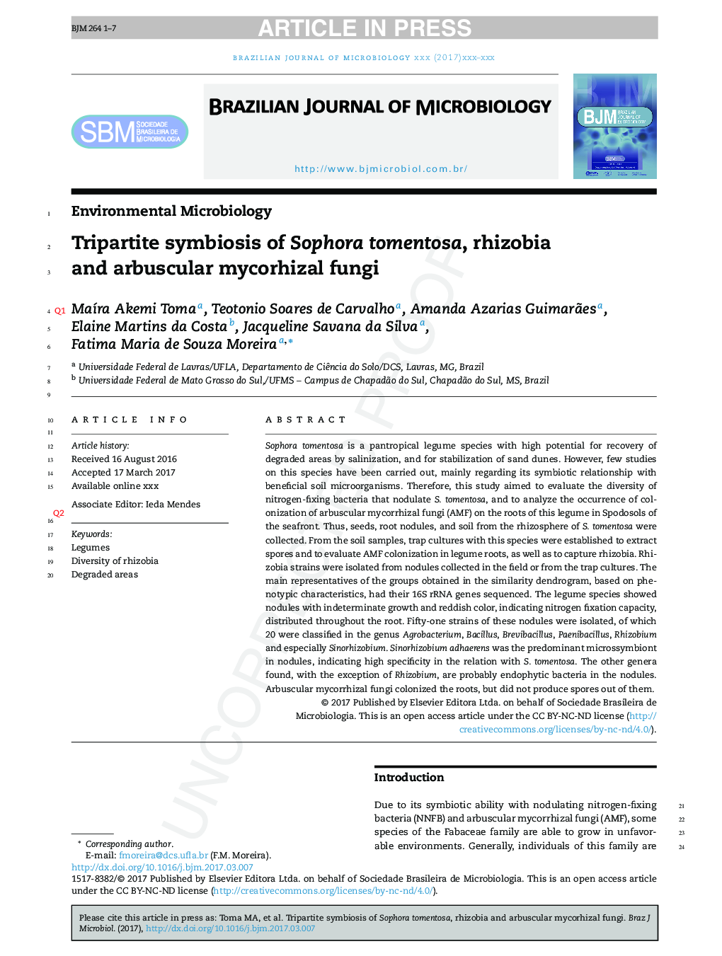 Tripartite symbiosis of Sophora tomentosa, rhizobia and arbuscular mycorhizal fungi