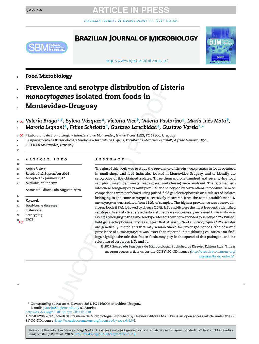 Prevalence and serotype distribution of Listeria monocytogenes isolated from foods in Montevideo-Uruguay