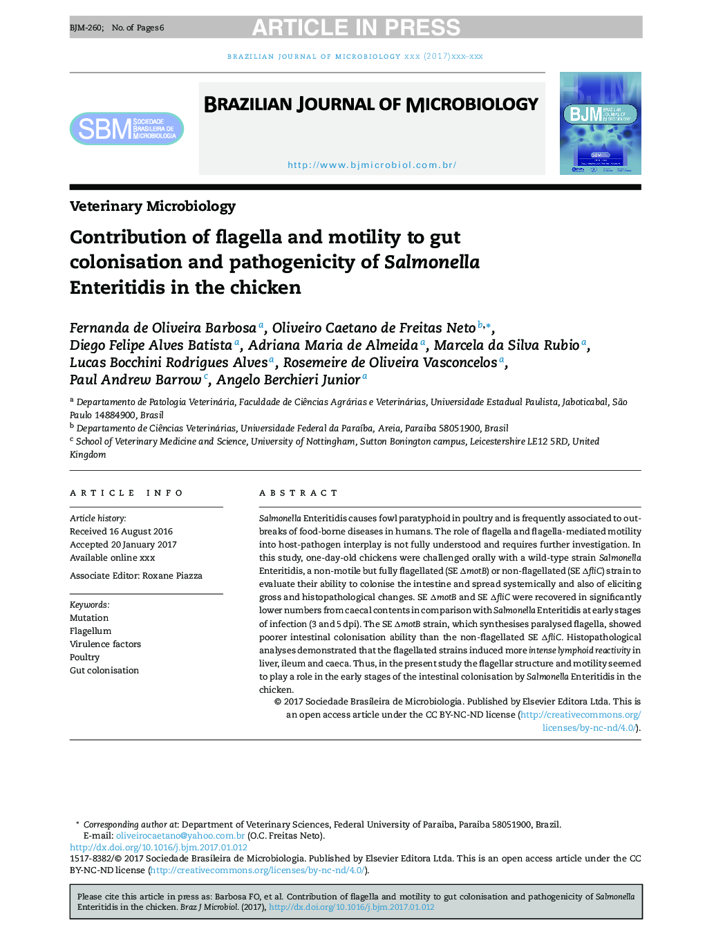 Contribution of flagella and motility to gut colonisation and pathogenicity of Salmonella Enteritidis in the chicken