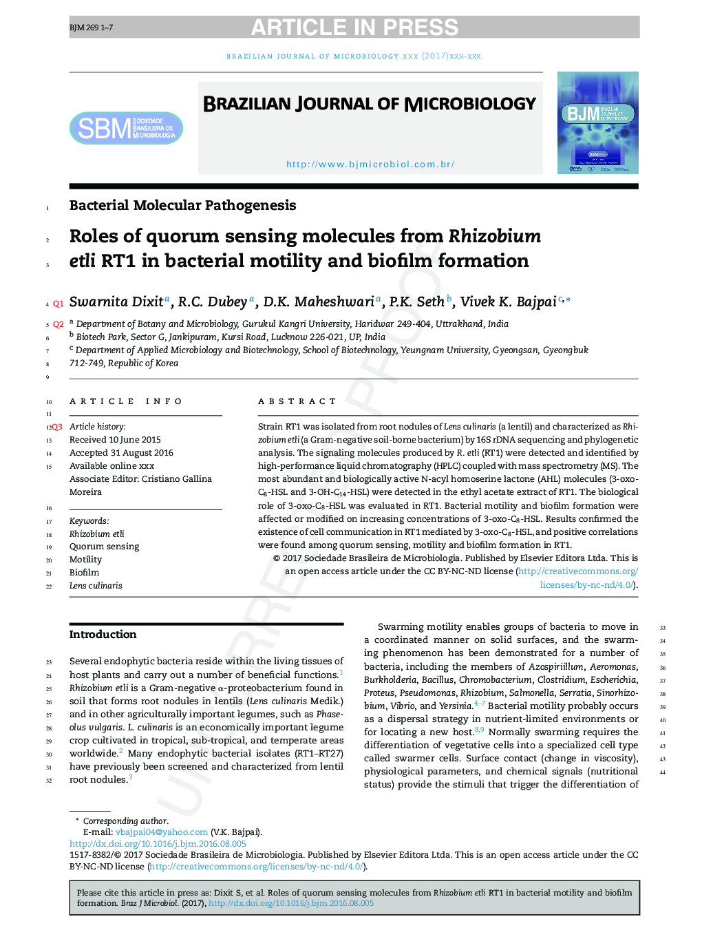 Roles of quorum sensing molecules from Rhizobium etli RT1 in bacterial motility and biofilm formation