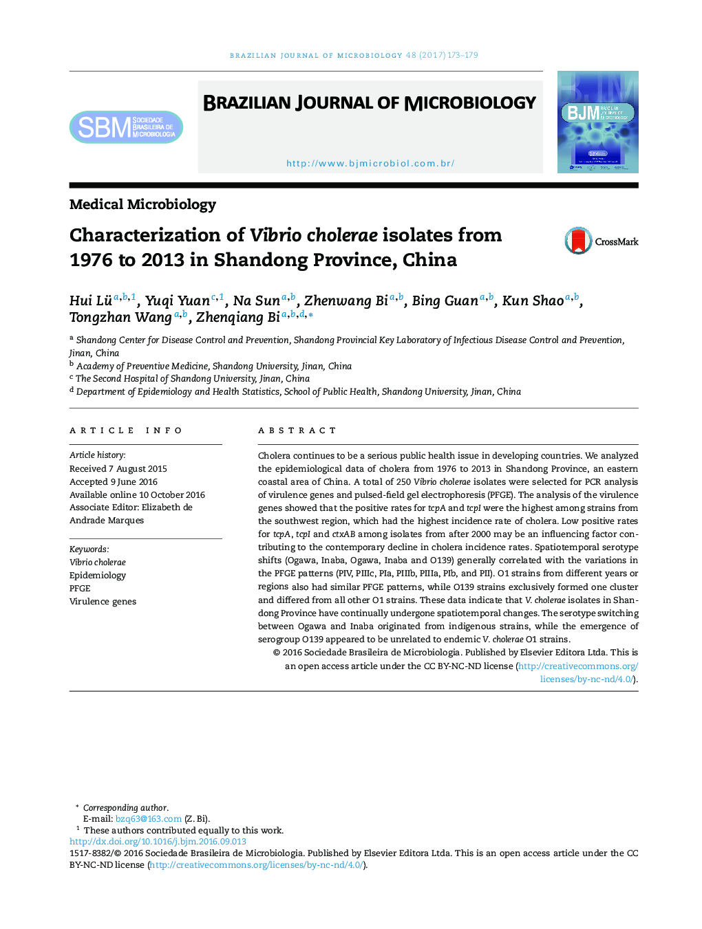Characterization of Vibrio cholerae isolates from 1976 to 2013 in Shandong Province, China