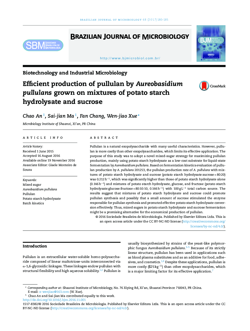 Efficient production of pullulan by Aureobasidium pullulans grown on mixtures of potato starch hydrolysate and sucrose