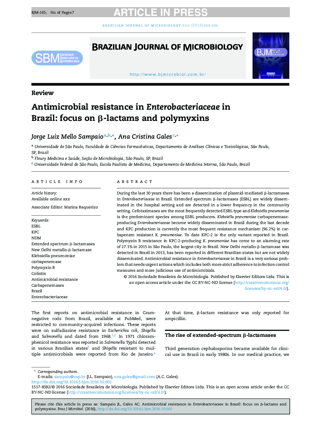 Antimicrobial resistance in Enterobacteriaceae in Brazil: focus on Î²-lactams and polymyxins