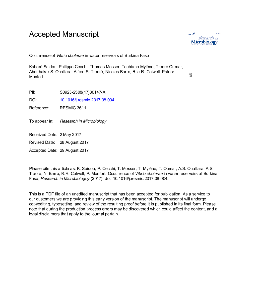 Occurrence of Vibrio cholerae in water reservoirs of Burkina Faso