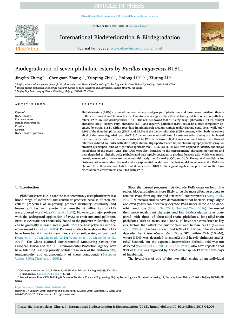 Biodegradation of seven phthalate esters by Bacillus mojavensis B1811