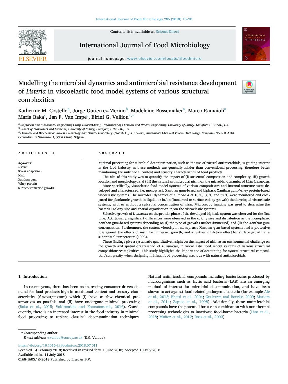 مدل سازی دینامیک میکروبی و توسعه مقاومت ضد میکروبی لیستریا در سیستم های مدل غذای ویسکوالاستیک از پیچیدگی های ساختاری مختلف 