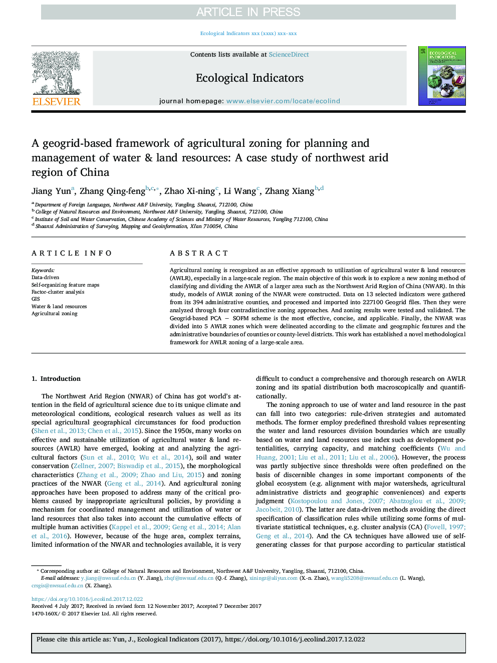 یک چارچوب مبتنی بر ژئواستره ای از منطقه بندی کشاورزی برای برنامه ریزی و مدیریت منابع آب و زمین: مطالعه موردی مناطق خلیج شمال غربی چین 