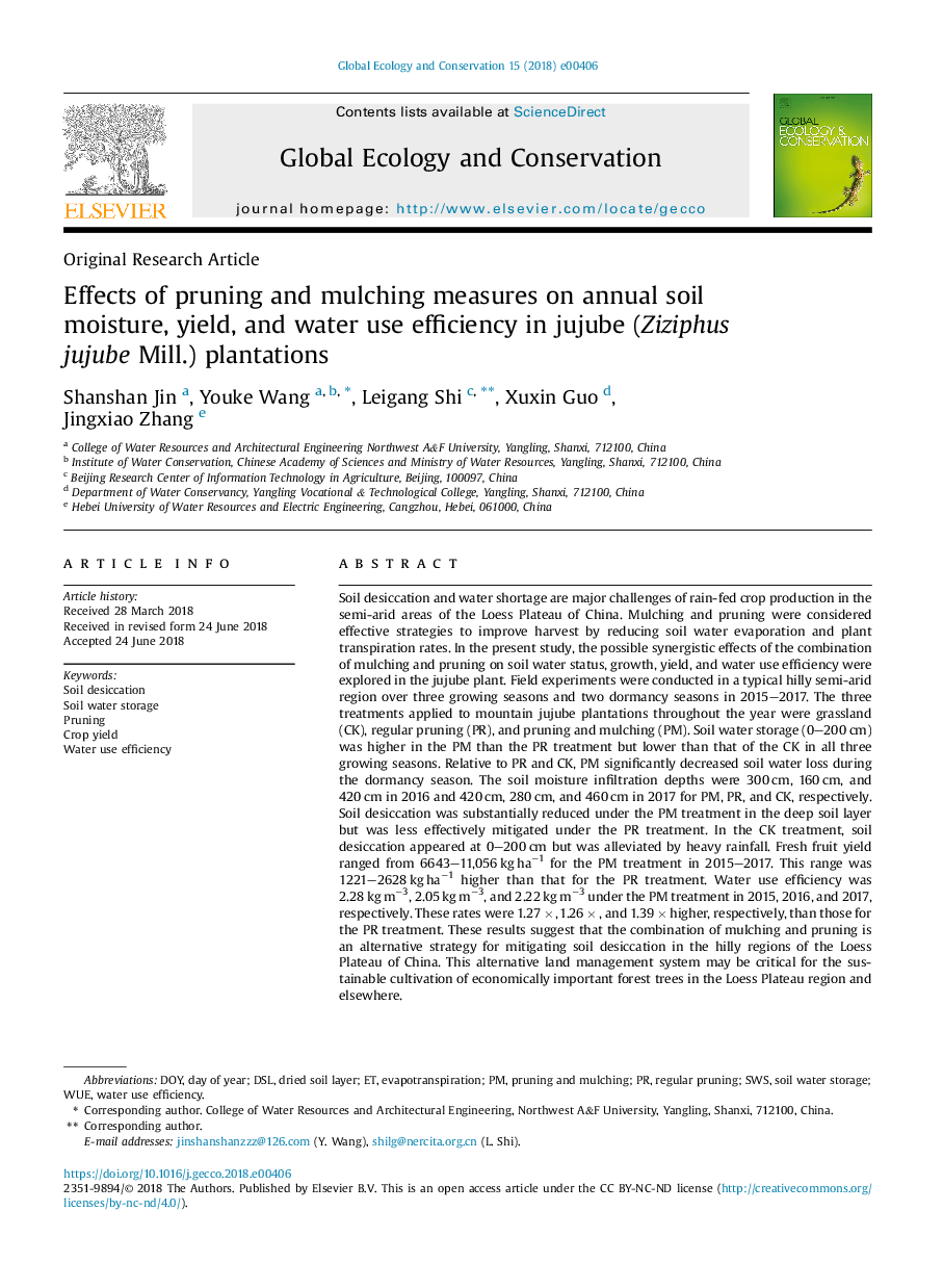 Effects of pruning and mulching measures on annual soil moisture, yield, and water use efficiency in jujube (Ziziphus jujube Mill.) plantations