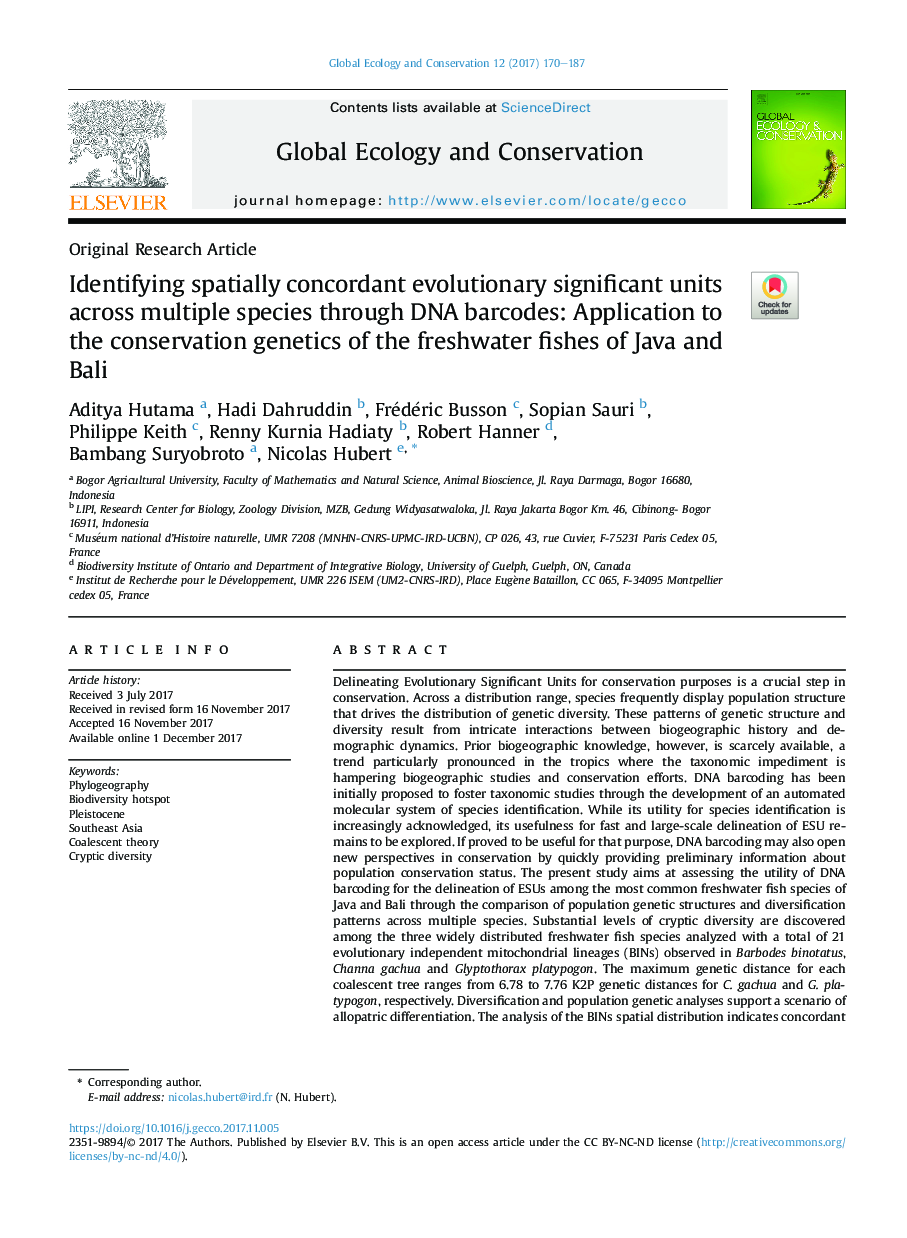 Identifying spatially concordant evolutionary significant units across multiple species through DNA barcodes: Application to the conservation genetics of the freshwater fishes of Java and Bali
