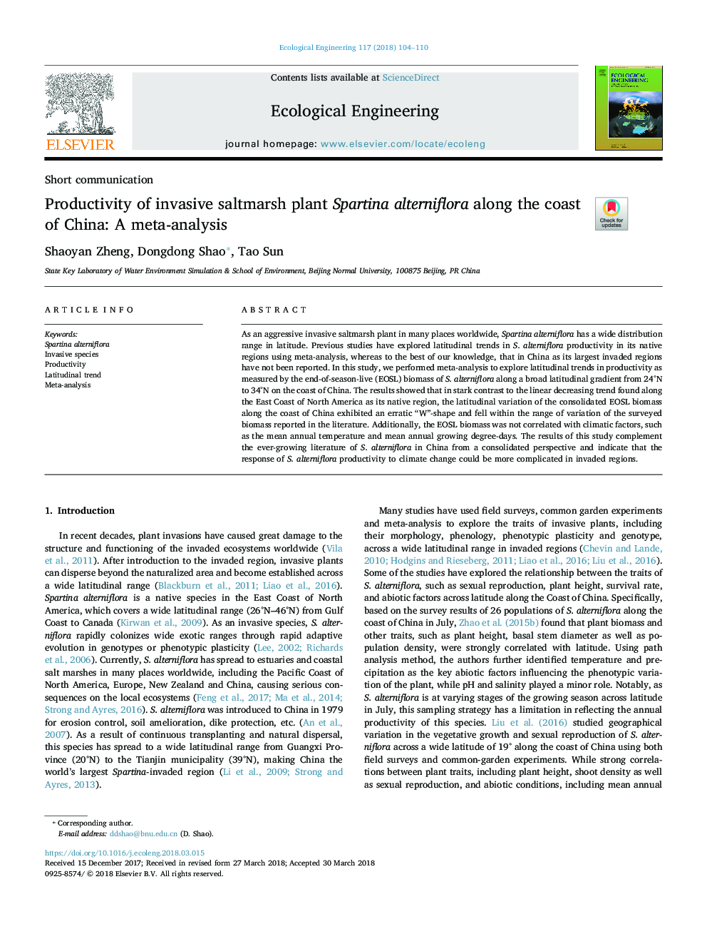 Productivity of invasive saltmarsh plant Spartina alterniflora along the coast of China: A meta-analysis