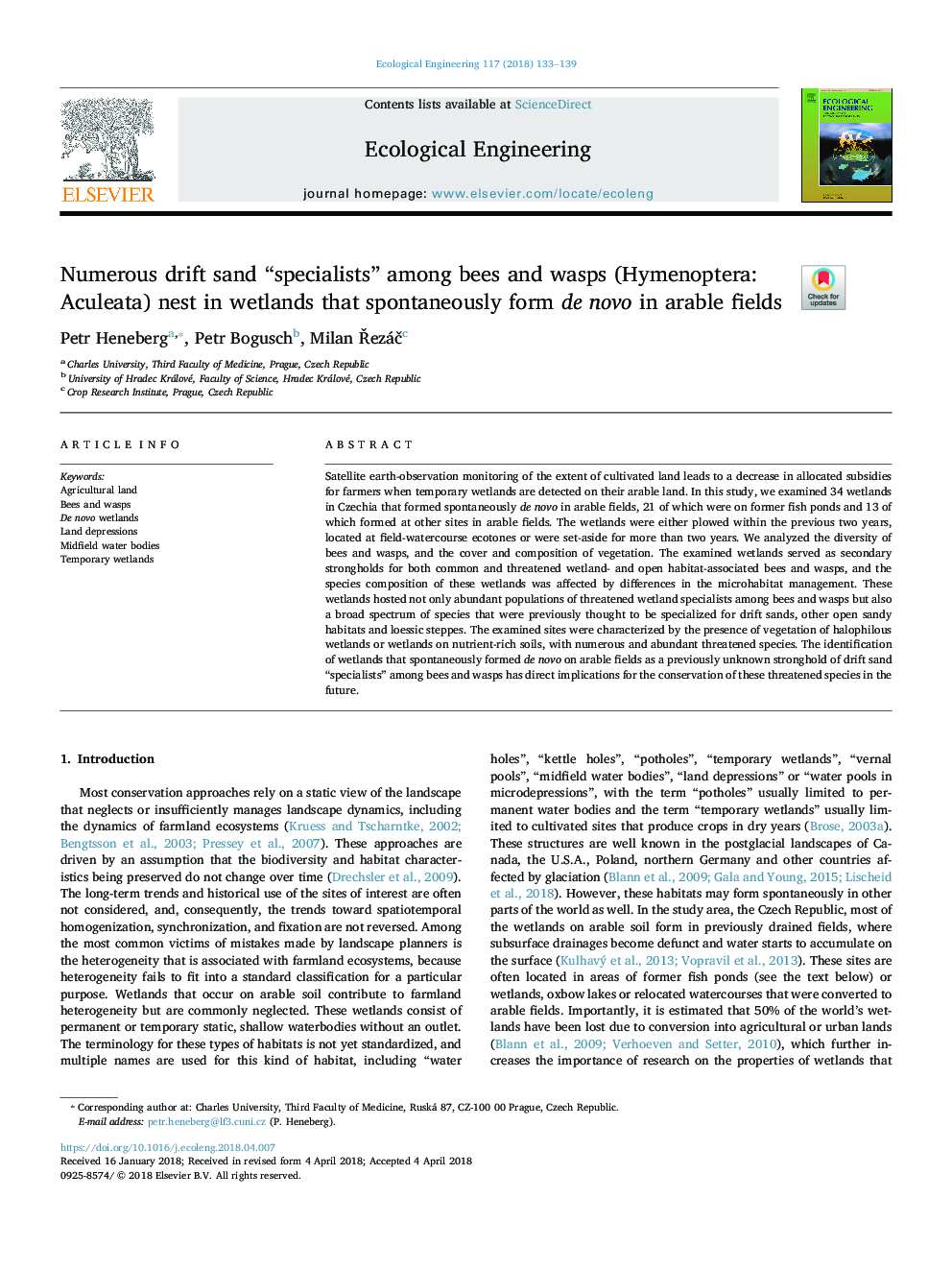 Numerous drift sand “specialists” among bees and wasps (Hymenoptera: Aculeata) nest in wetlands that spontaneously form de novo in arable fields