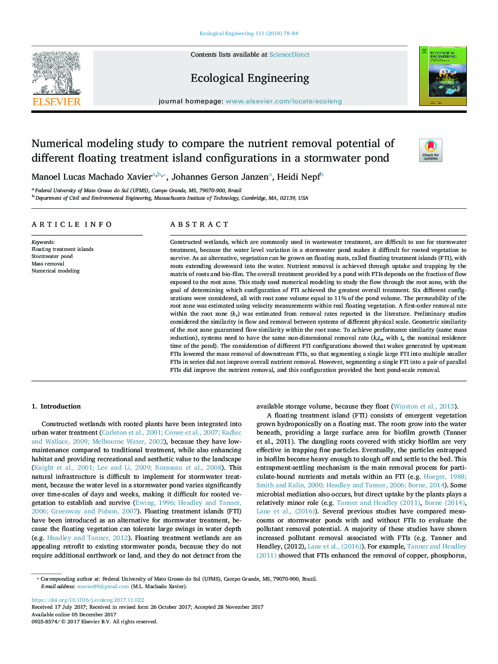 مطالعه مدل سازی عددی برای مقایسه پتانسیل حذف مواد مغذی مختلف از تنظیمات جزر و مد شناور در یک حوضچه آبریز 