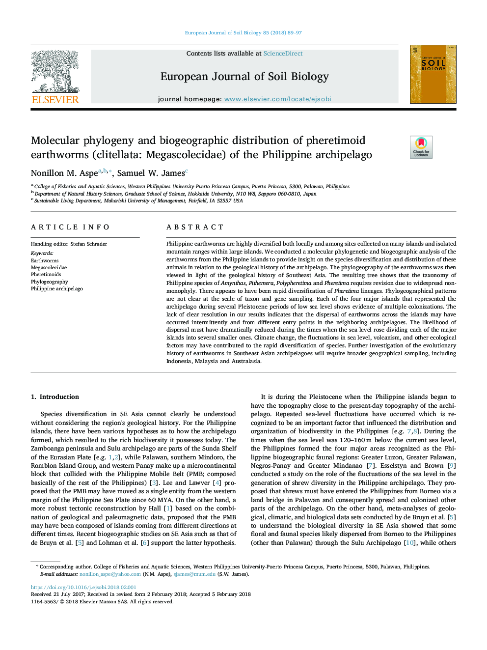 Molecular phylogeny and biogeographic distribution of pheretimoid earthworms (clitellata: Megascolecidae) of the Philippine archipelago