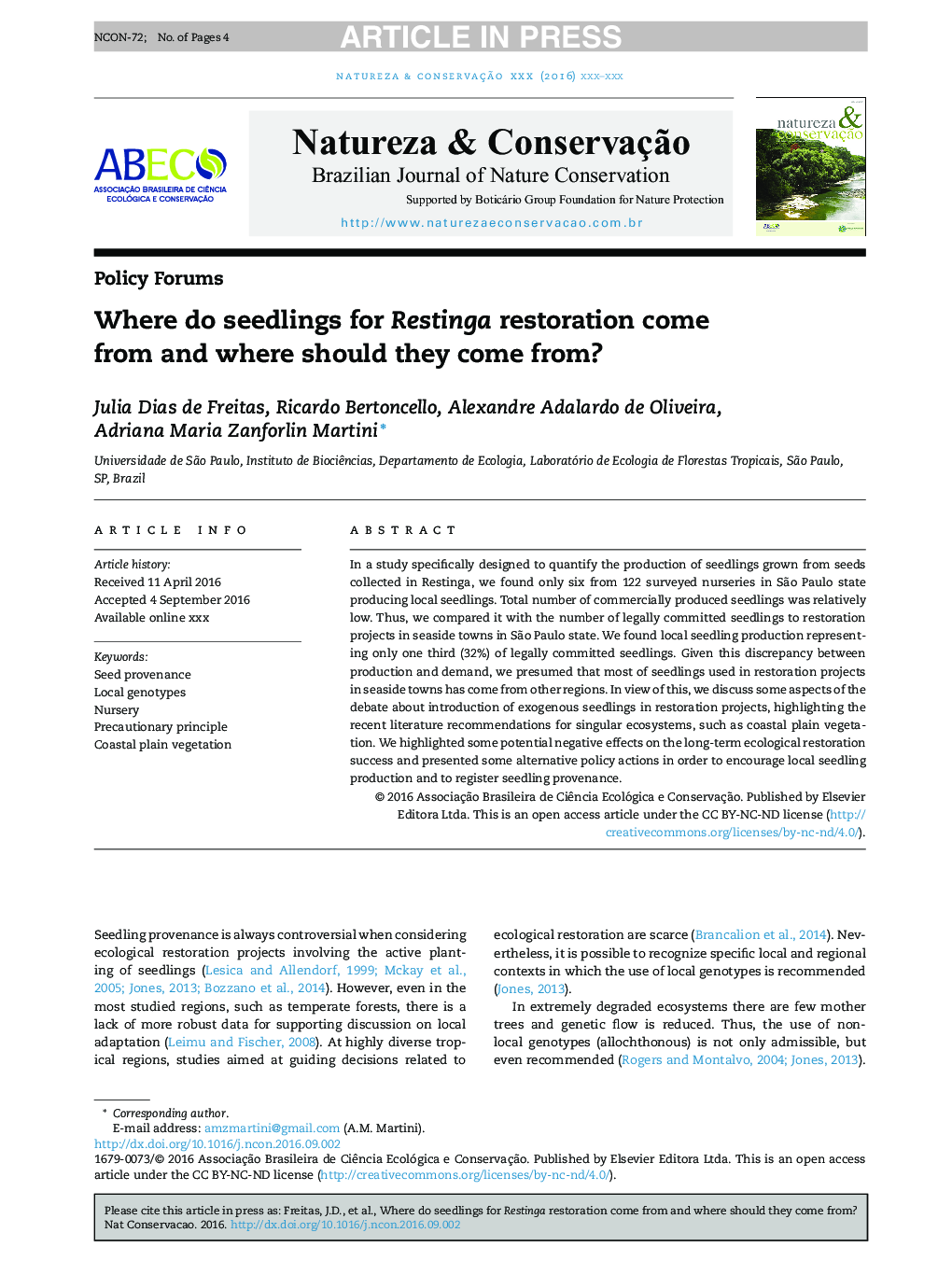 Where do seedlings for Restinga restoration come from and where should they come from?