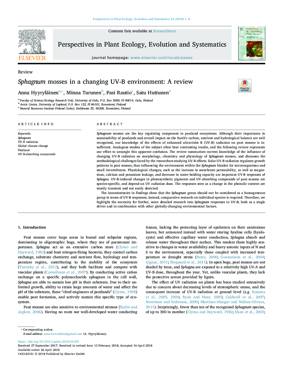 Sphagnum mosses in a changing UV-B environment: A review