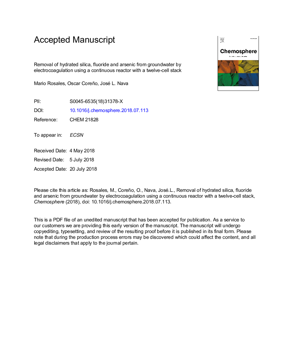 حذف سیلیس هیدراته، فلوراید و آرسنیک از آبهای زیرزمینی توسط الکتروکواگولاسیون با استفاده از یک راکتور پیوسته با یک پشته دوازده سلولی 