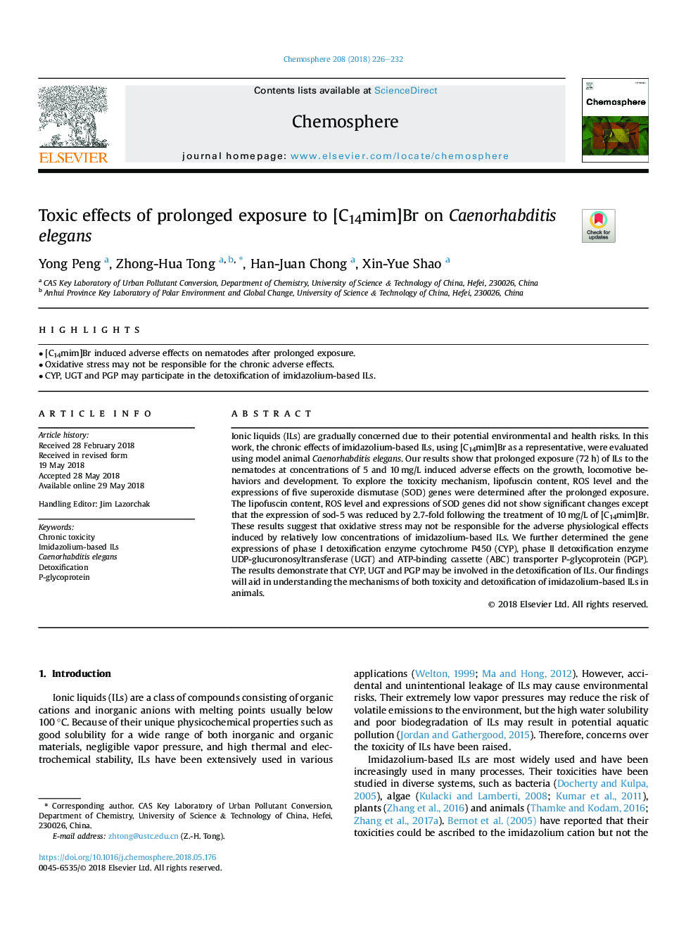 Toxic effects of prolonged exposure to [C14mim]Br on Caenorhabditis elegans