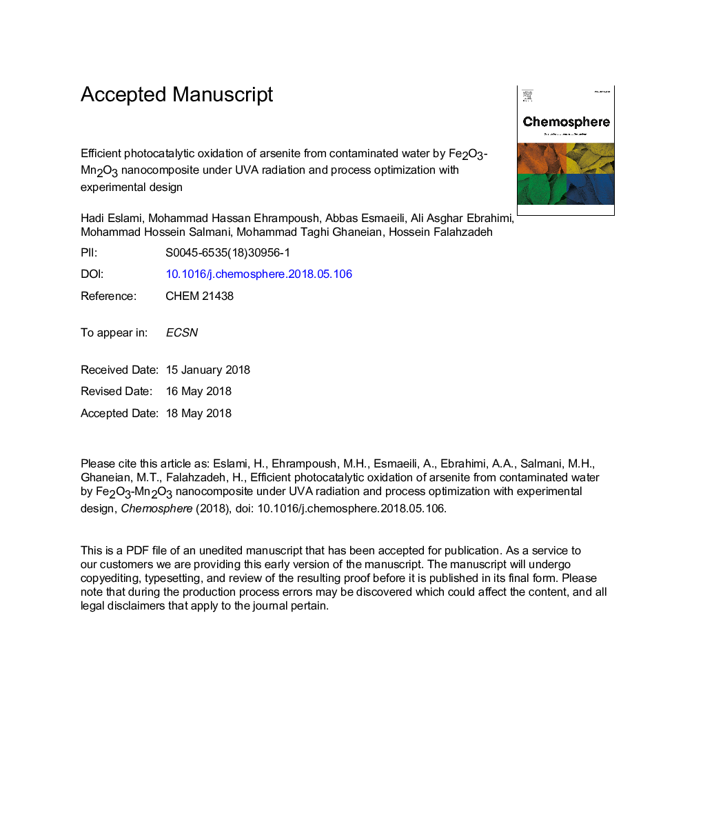 Efficient photocatalytic oxidation of arsenite from contaminated water by Fe2O3-Mn2O3 nanocomposite under UVA radiation and process optimization with experimental design