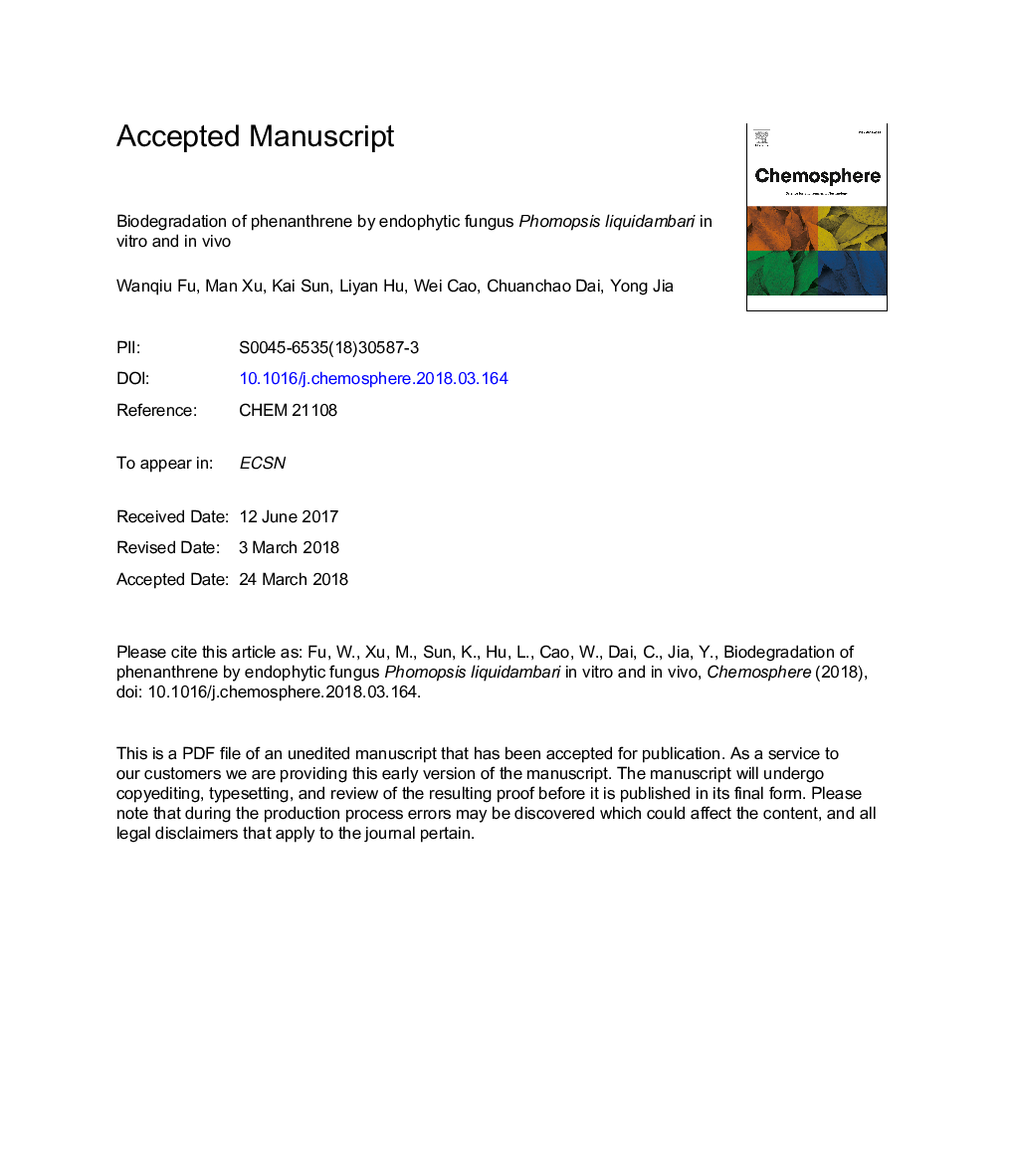 Biodegradation of phenanthrene by endophytic fungus Phomopsis liquidambari inÂ vitro and inÂ vivo