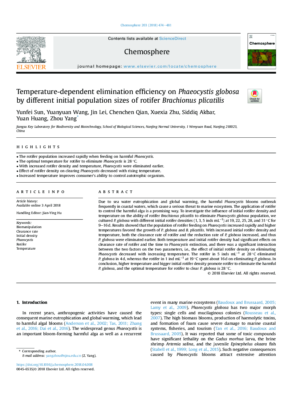 Temperature-dependent elimination efficiency on Phaeocystis globosa by different initial population sizes of rotifer Brachionus plicatilis