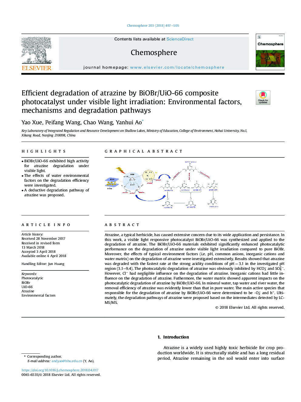Efficient degradation of atrazine by BiOBr/UiO-66 composite photocatalyst under visible light irradiation: Environmental factors, mechanisms and degradation pathways