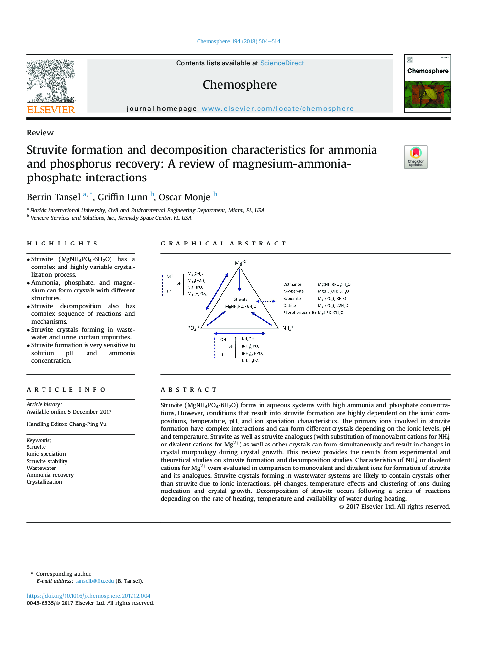 خصوصیات تشکیل و تجزیه استرویت برای بازیابی آمونیاک و فسفر: بررسی تجربیات منیزیم-آمونیاک-فسفات 