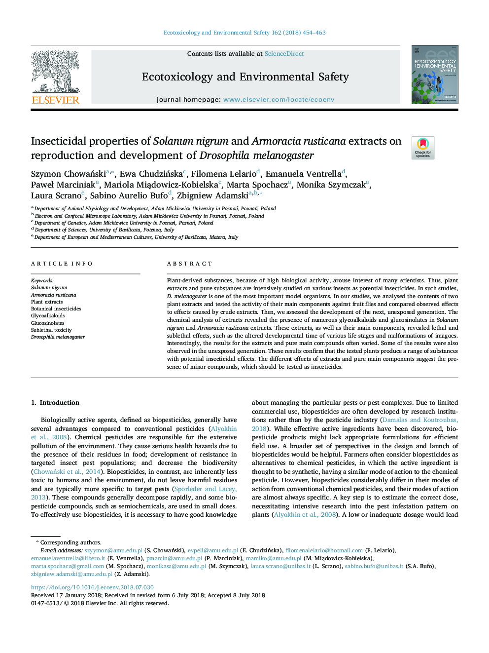 Insecticidal properties of Solanum nigrum and Armoracia rusticana extracts on reproduction and development of Drosophila melanogaster