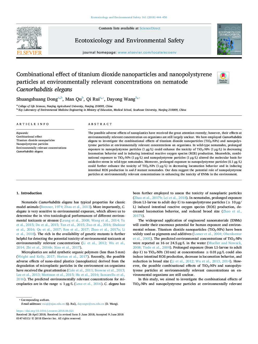 Combinational effect of titanium dioxide nanoparticles and nanopolystyrene particles at environmentally relevant concentrations on nematode Caenorhabditis elegans