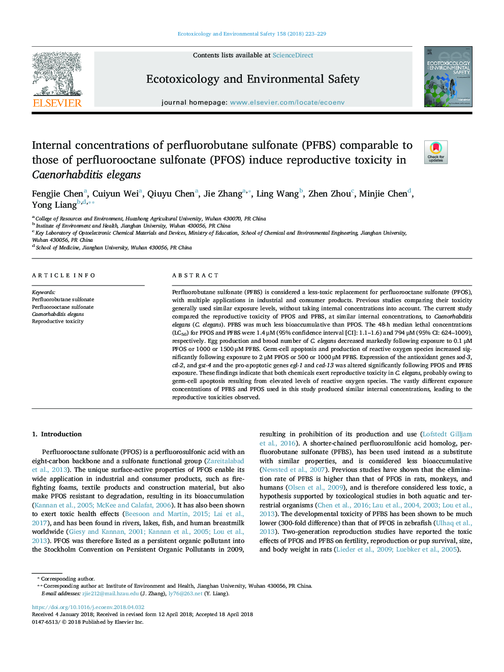 Internal concentrations of perfluorobutane sulfonate (PFBS) comparable to those of perfluorooctane sulfonate (PFOS) induce reproductive toxicity in Caenorhabditis elegans