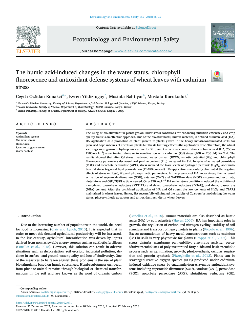 تغییرات ناشی از اسید هیمیک در وضعیت آب، فلورسانس کلروفیل و سیستم های دفاع آنتی اکسیدانی برگ های گندم با استرس کادمیوم 