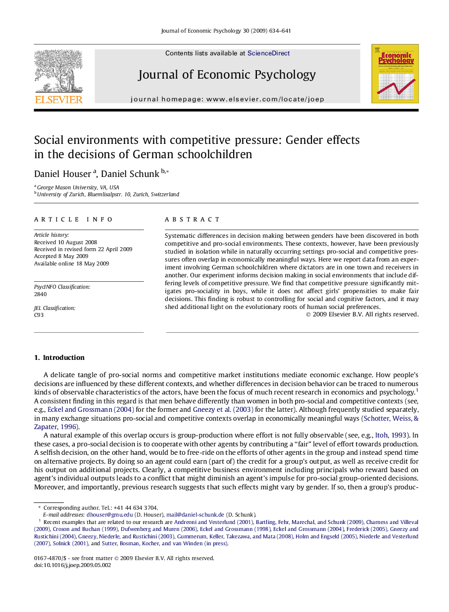 Social environments with competitive pressure: Gender effects in the decisions of German schoolchildren