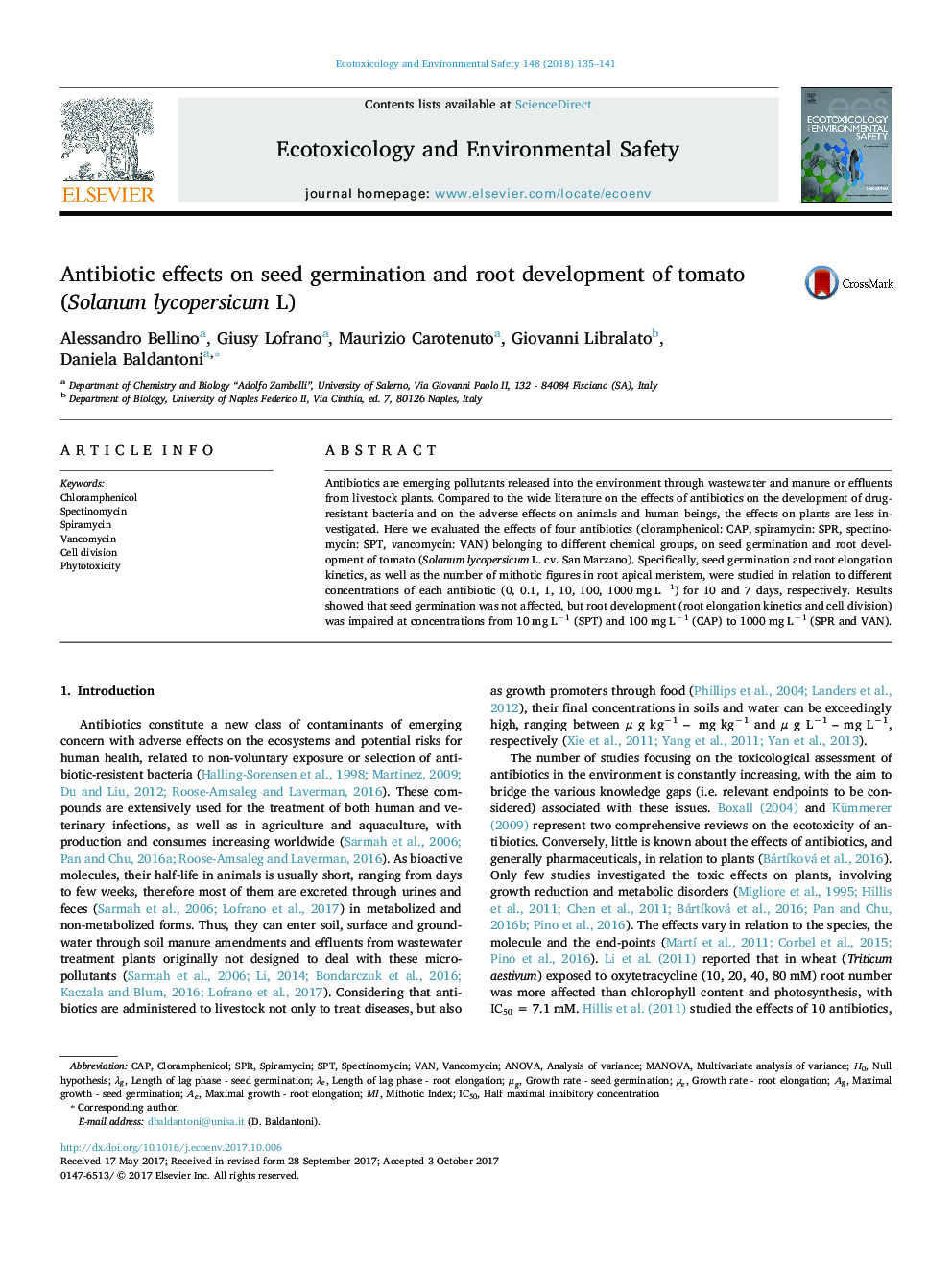 Antibiotic effects on seed germination and root development of tomato (Solanum lycopersicum L.)
