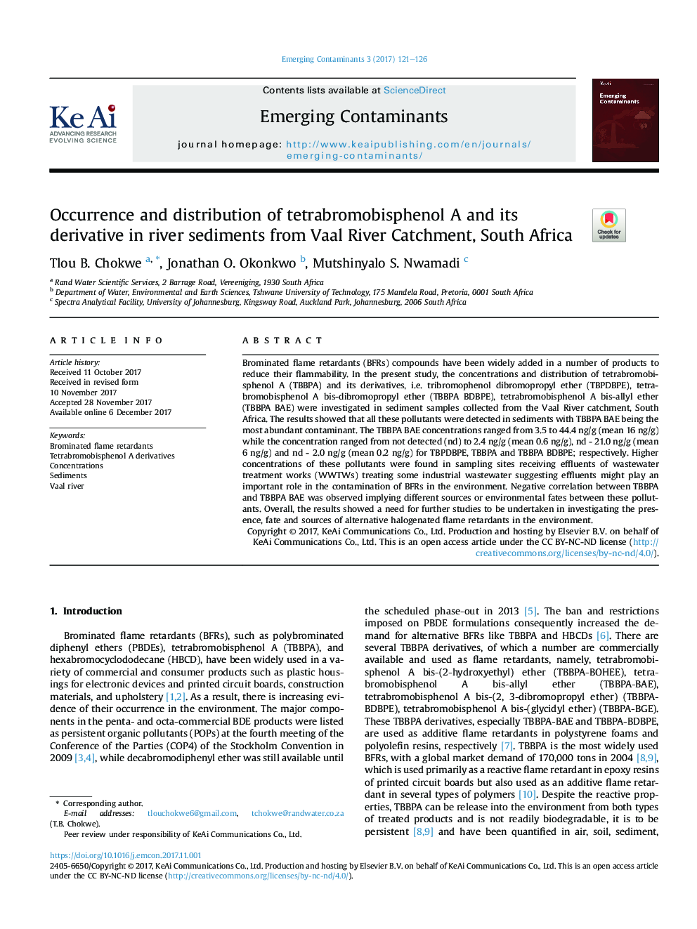 Occurrence and distribution of tetrabromobisphenol A and its derivative in river sediments from Vaal River Catchment, South Africa
