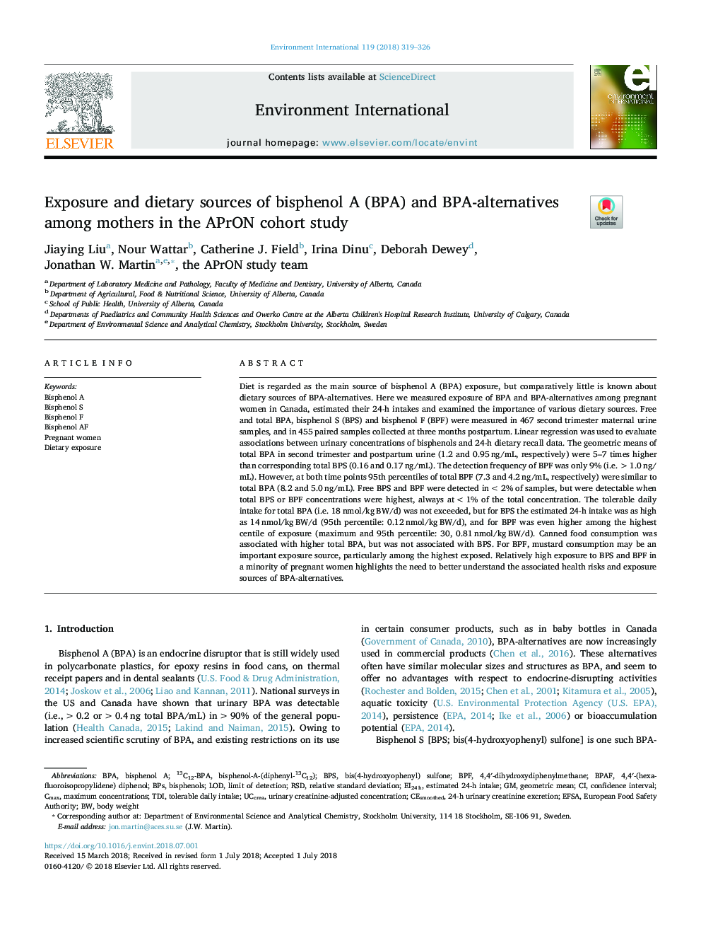 Exposure and dietary sources of bisphenol A (BPA) and BPA-alternatives among mothers in the APrON cohort study