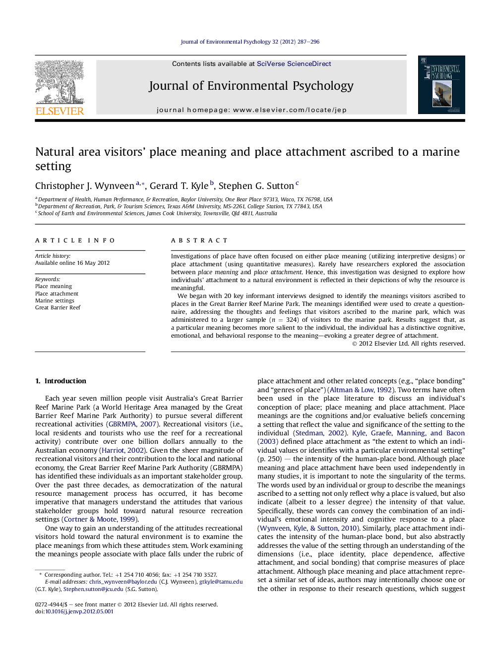 Natural area visitors' place meaning and place attachment ascribed to a marine setting