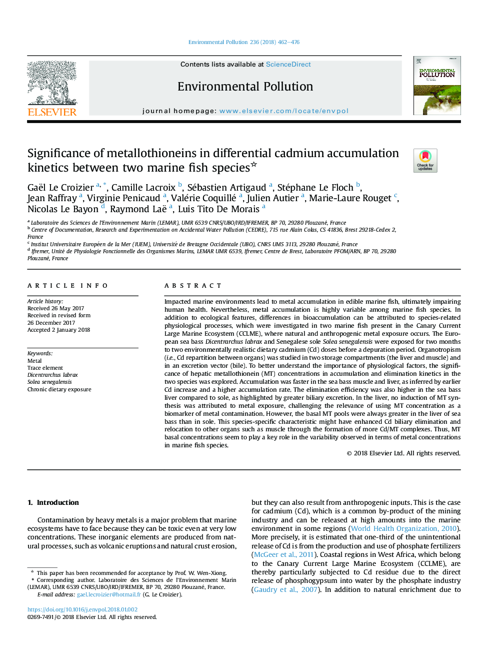 اهمیت فلوتونیئین در سینتیک تجمع کادمیوم بین دو گونه ماهی دریایی 