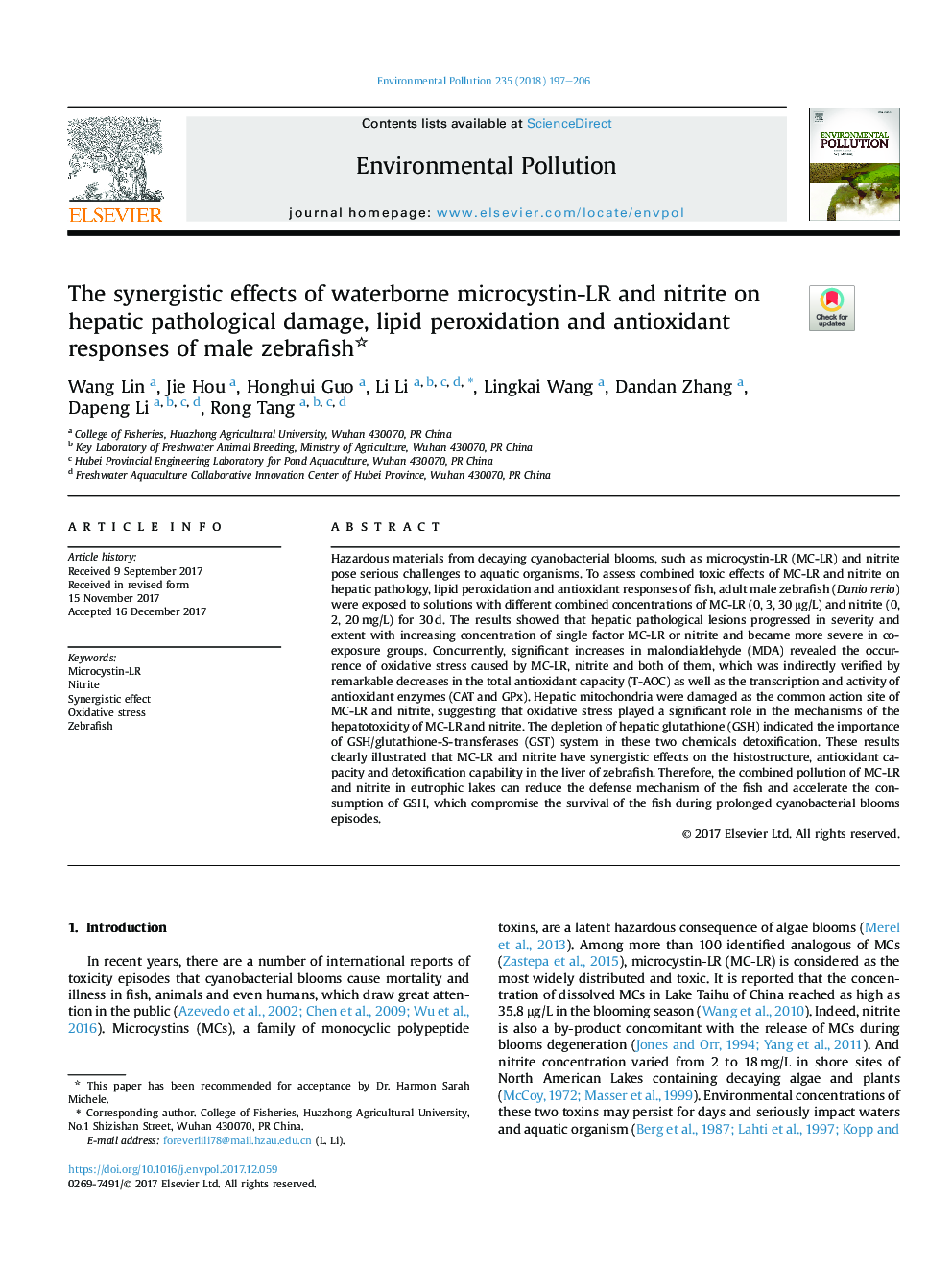 The synergistic effects of waterborne microcystin-LR and nitrite on hepatic pathological damage, lipid peroxidation and antioxidant responses of male zebrafish