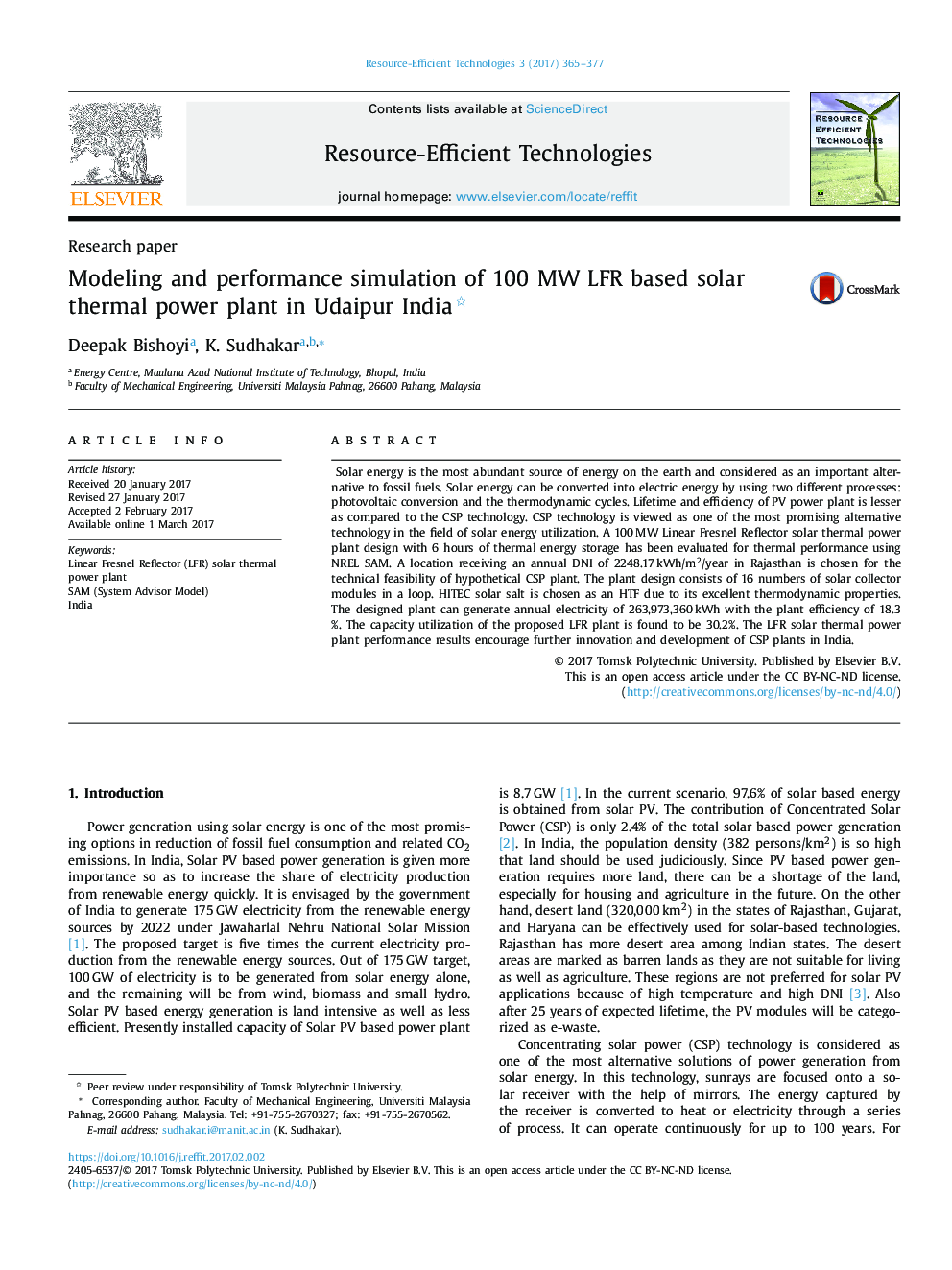 Modeling and performance simulation of 100 MW LFR based solar thermal power plant in Udaipur India