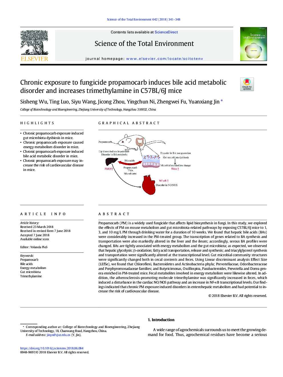 Chronic exposure to fungicide propamocarb induces bile acid metabolic disorder and increases trimethylamine in C57BL/6J mice