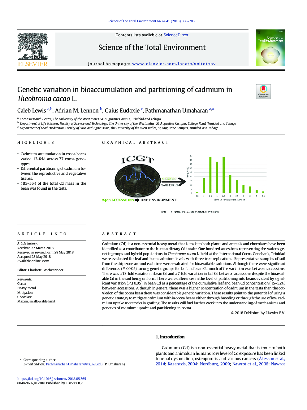 تنوع ژنتیکی در ذخیره سازی زیستی و پراکندگی کادمیوم در تئوبروما کاکائو ل 