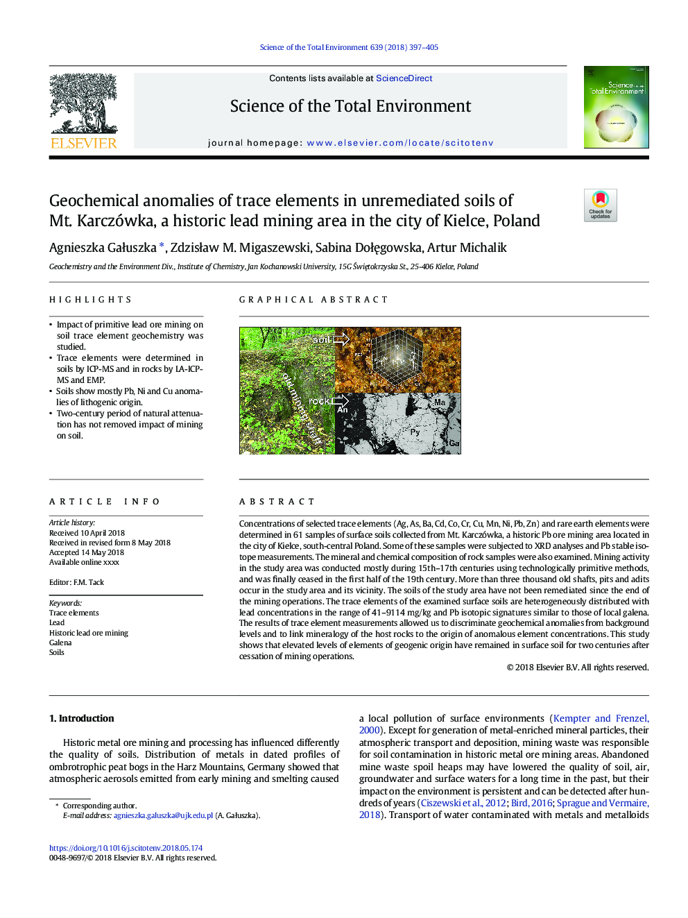 Geochemical anomalies of trace elements in unremediated soils of Mt. Karczówka, a historic lead mining area in the city of Kielce, Poland