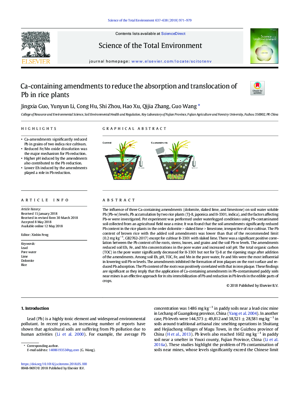 Ca-containing amendments to reduce the absorption and translocation of Pb in rice plants