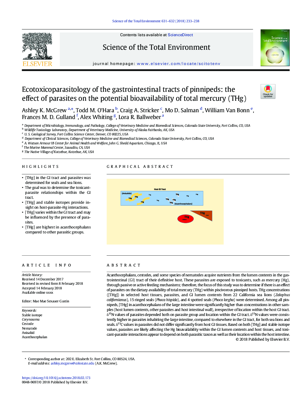 Ecotoxicoparasitology of the gastrointestinal tracts of pinnipeds: the effect of parasites on the potential bioavailability of total mercury (THg)
