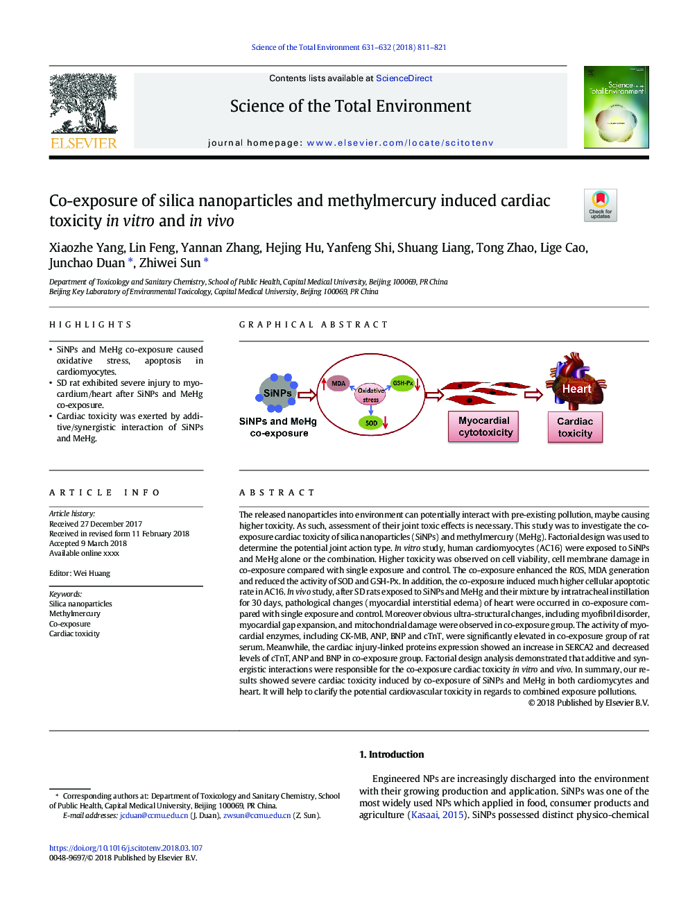 Co-exposure of silica nanoparticles and methylmercury induced cardiac toxicity in vitro and in vivo