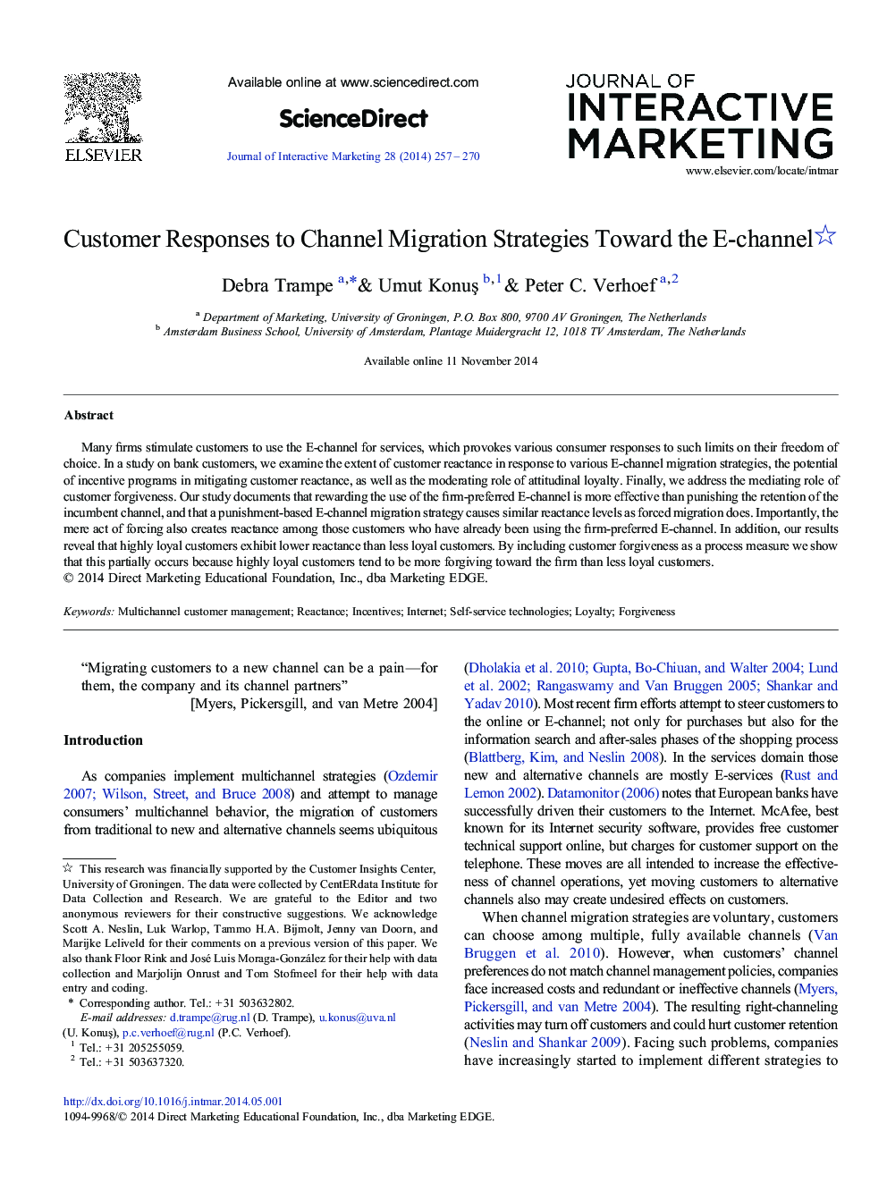 Customer Responses to Channel Migration Strategies Toward the E-channel 