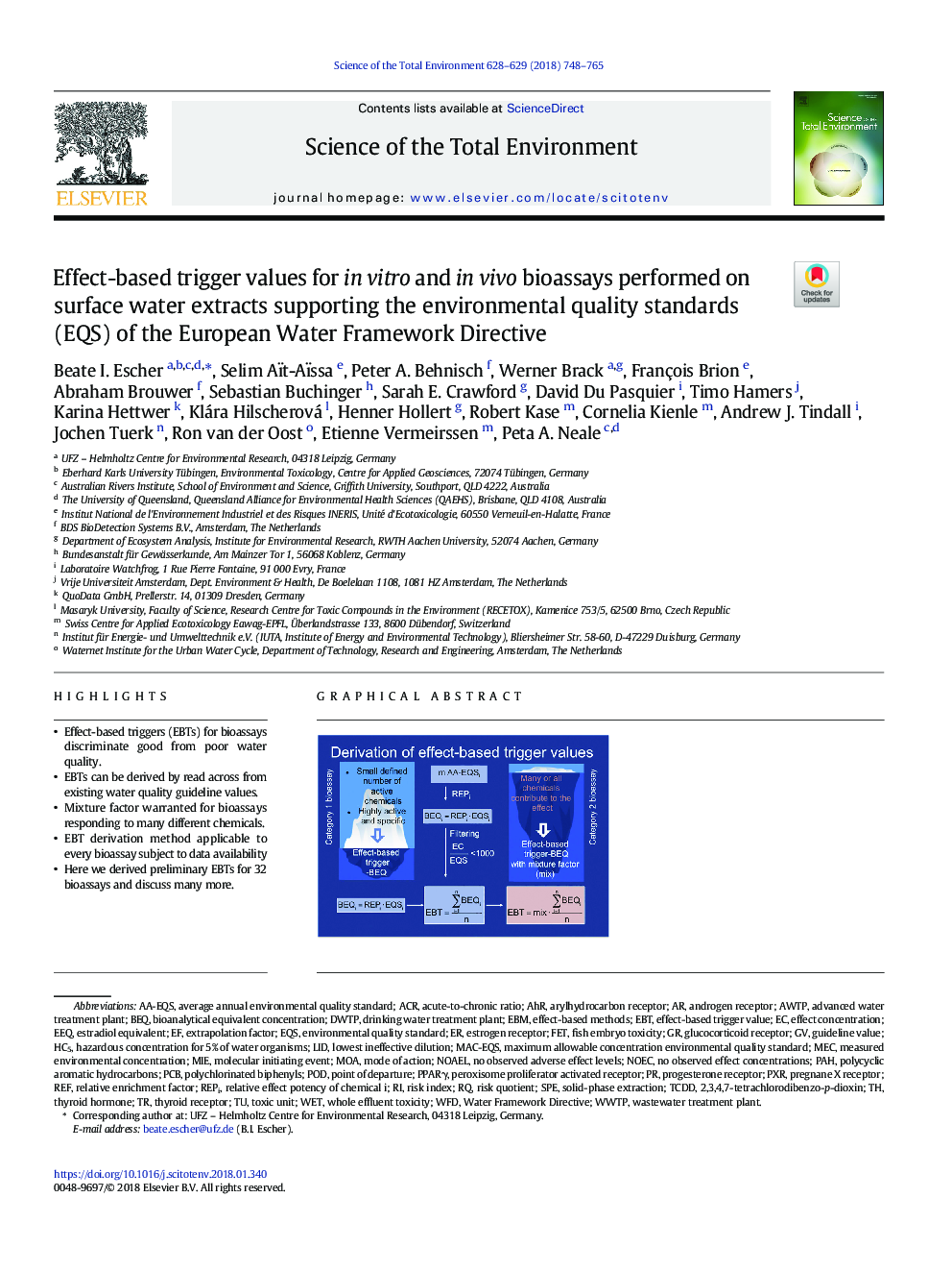 Effect-based trigger values for in vitro and in vivo bioassays performed on surface water extracts supporting the environmental quality standards (EQS) of the European Water Framework Directive