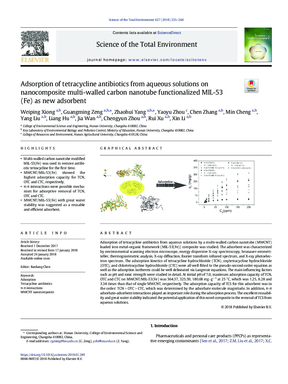 Adsorption of tetracycline antibiotics from aqueous solutions on nanocomposite multi-walled carbon nanotube functionalized MIL-53(Fe) as new adsorbent